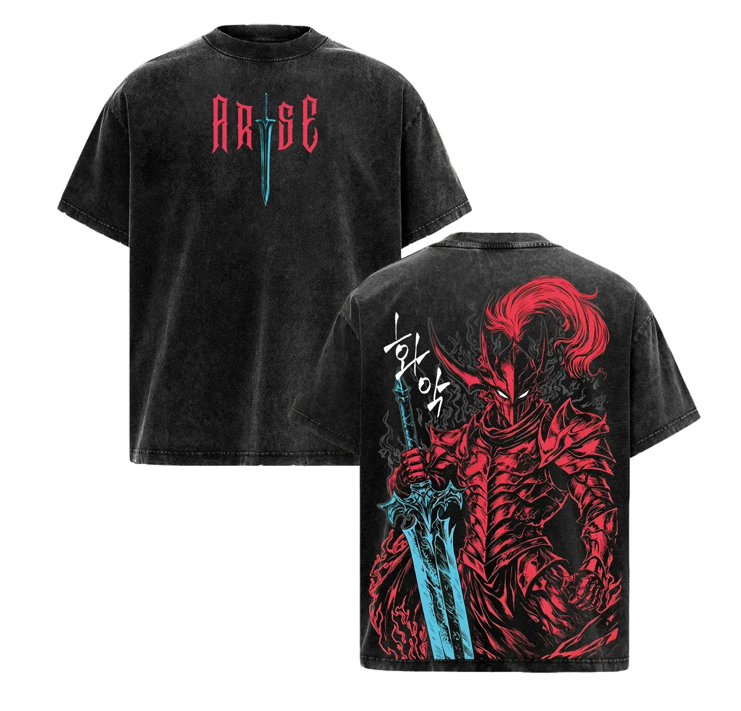 Menswear Short-Sleeve Blood Red Vintage Washed Oversized Graphic Top, Solo Leveling Igris Commander Shadow Army Knight Sung Jin Woo Anime T-Shirt for Men