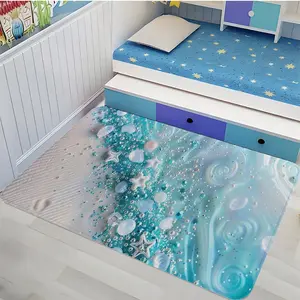 Light Luxury Light Blue Ocean Beach Floor Mat, Dreamy Starfish Shell Style Bedroom Atmosphere Rug, 1pc Indoor Carpet