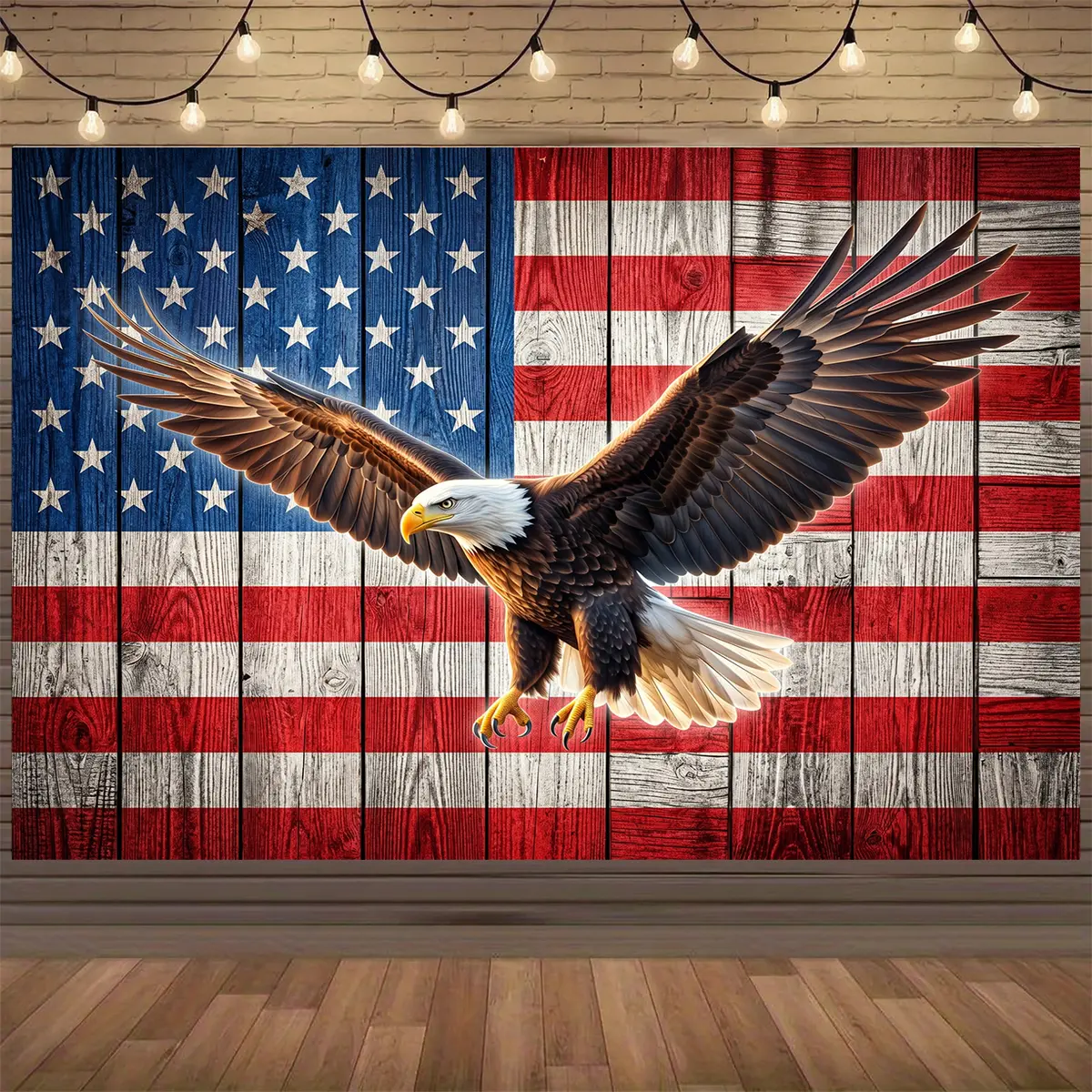 Lightweight Wrinkle-Resistant Printed 2D Flat Patriotic American Flag & Bald Eagle Polyester Backdrop Kit - Hanging Home Wall Decor, Wedding & Christmas Party Supplies, Photo Booth Banner Canvas Art