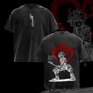 Sora Kingdom Hearts Tee Washed – Kingdom Hearts Vintage Washed Heavy Cotton Oversized Graphic T-Shirt, Retro Anime Game Crossover Streetwear, Keyblade Wielder Heartless Emblem Edition, Unisex Aesthetic Top