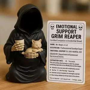 Emotional Support Death Statue, Resin Figure with Cat & Coffee Cup, Hood Design, Gothic Home Decor, No Power Needed, Indoor Decoration