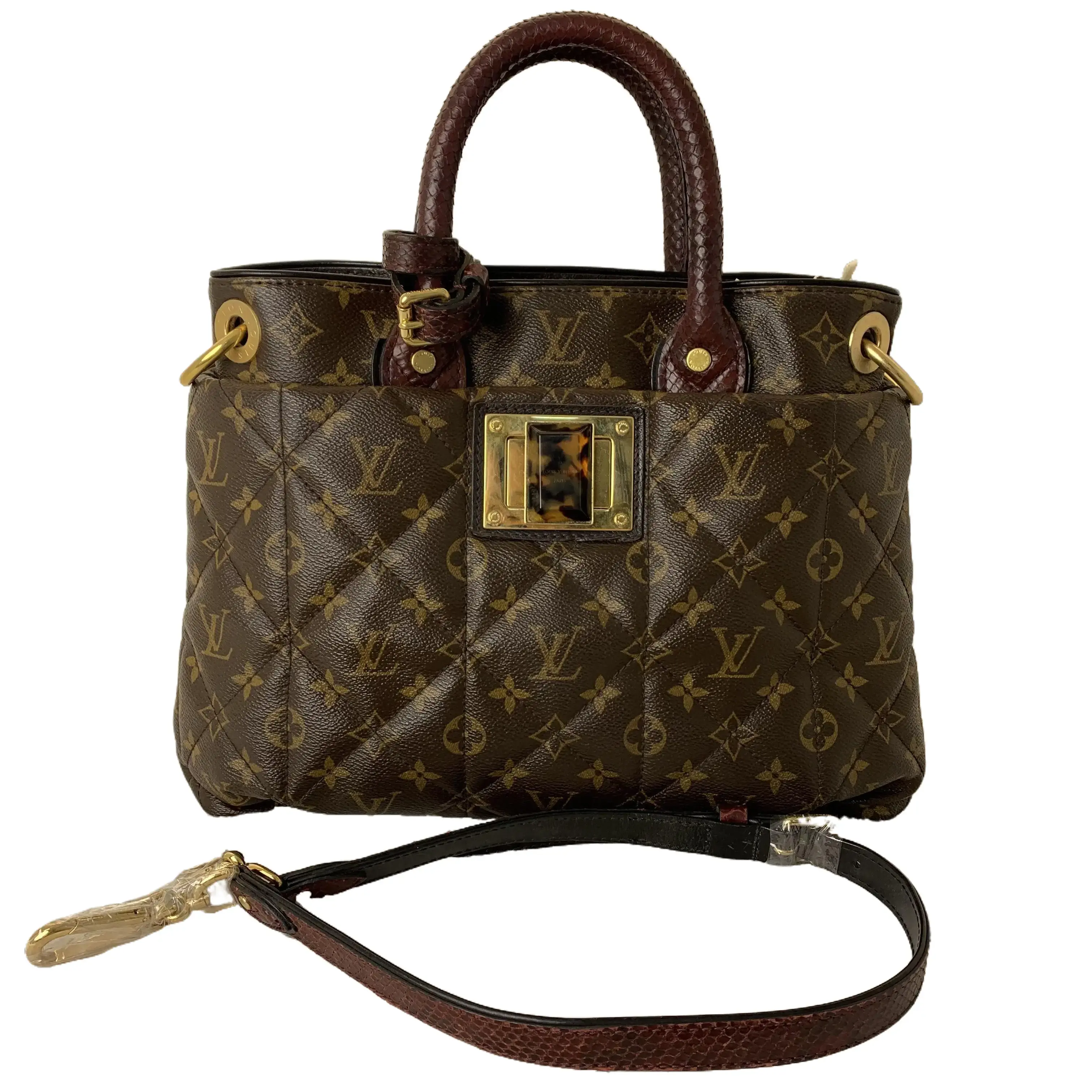 Pre-owned Louis Vuitton Monogram Quilted Diamond Tote Handbag, Python Leather Handles & Detachable Crossbody Strap, Tortoise Shell Gold Turnlock Hardware TKB00000158