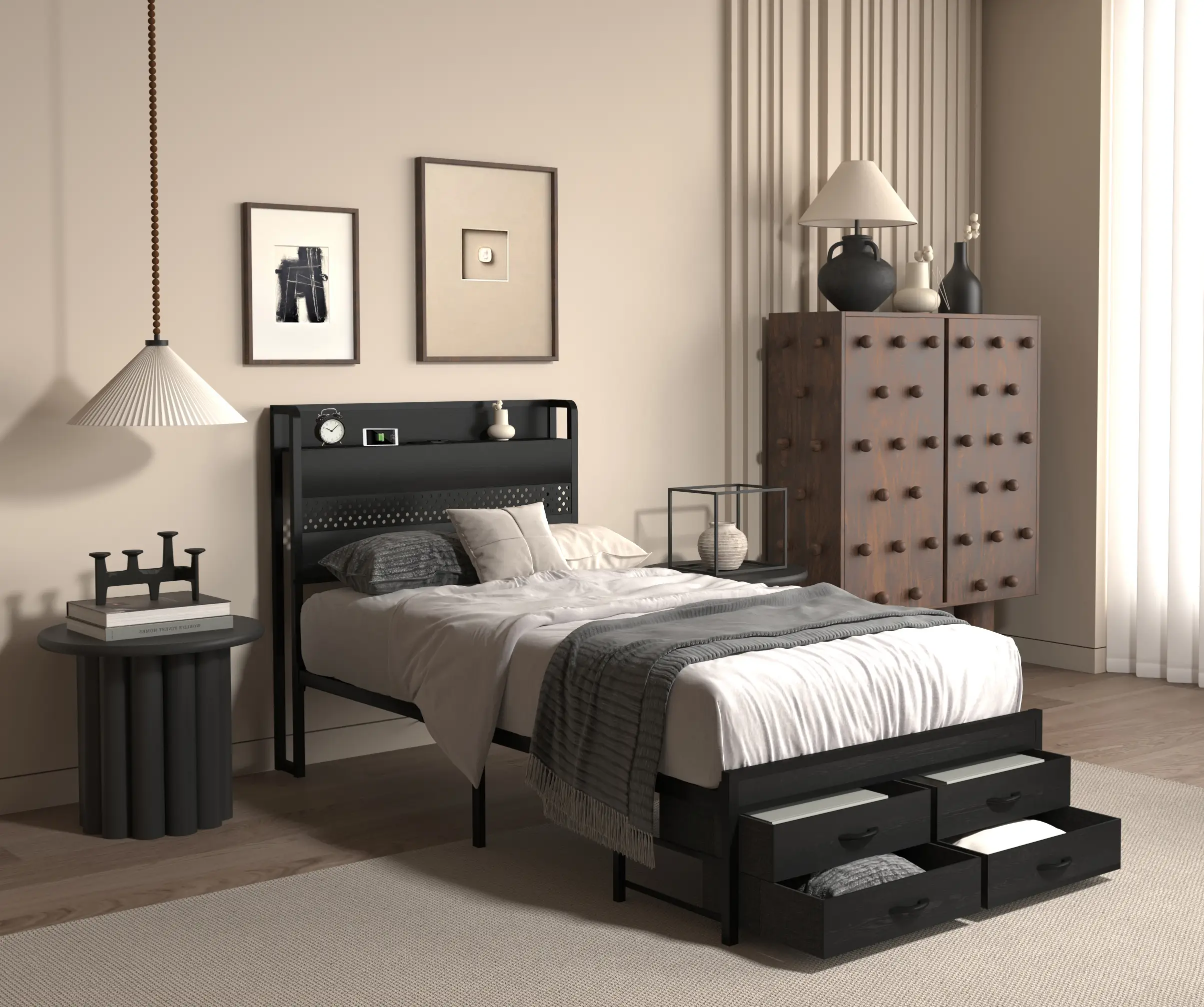 Twin Bed Frames with Headboard, Twin Size Bed Frames with Storage Drawers, Twin Bed, Black Metal Platform Bed Frame, Single Bed Frame