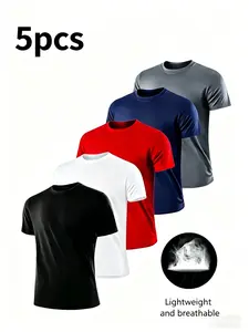 5-Pack Men's Quick-Dry Running T-Shirts, Breathable Moisture-Wicking Sportswear, Lightweight Compressive Short Sleeve Tops for Fitness