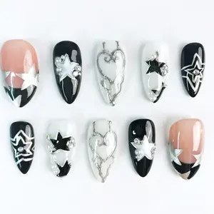 Pamela Home Handmade Press On Nails, Black Silver Star, Chrome Heart Design, Reusable Luxury Y2K, Almond Fake Nails Foe Trendy Girl 2026