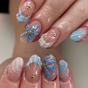 24pcs Summer Ocean Press On Nails, Short Round Full Cover Nails, Acrylic Tips with Pink to Blue Gradient, 3D Shell Art & Striped French Tips, Comes with 1 Jelly Gel and 1 Nail File. Reusable, Sweet Design for Casual & Vacation Use, Press On Sets