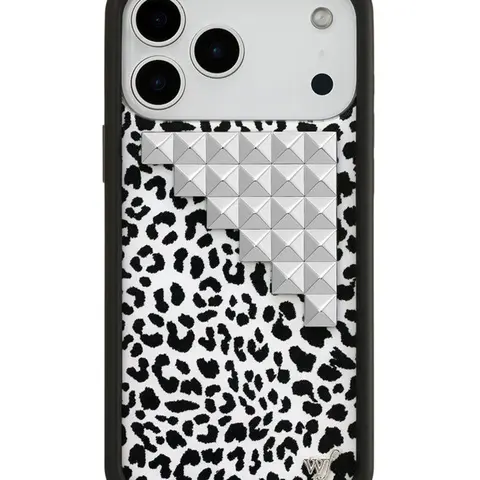 Snow Meow Studs | Limited Edition Trendy Collab iPhone Case | Raised Protective Black Bumper | Women Owned Small Business | Black and White Leopard Print Silver Studded Cute | Safety Casing Protective | Gift for Her Cellphone Custom