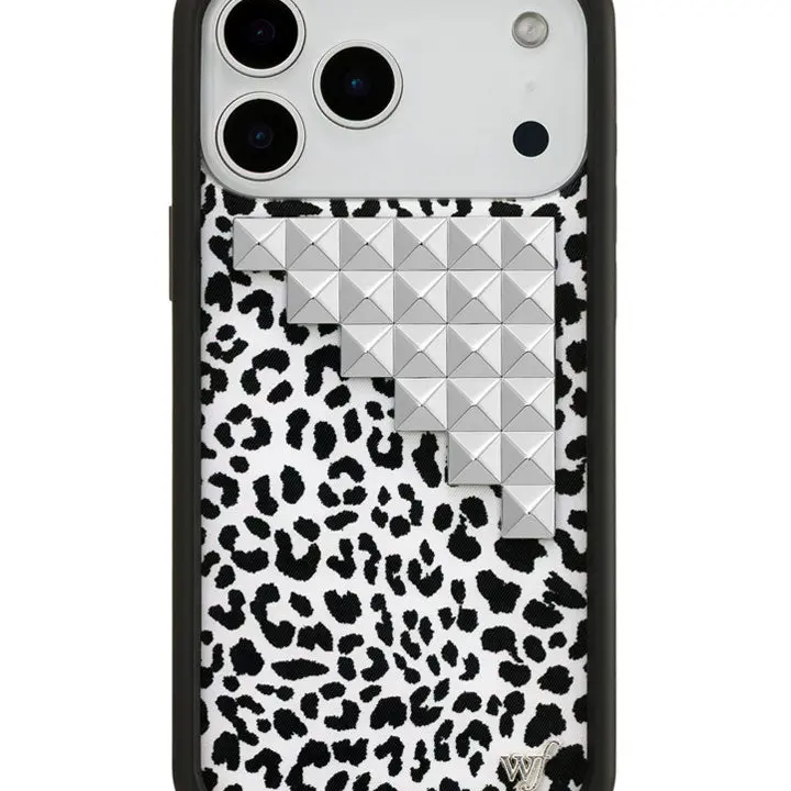Snow Meow Studs | Limited Edition Trendy Collab iPhone Case | Raised Protective Black Bumper | Women Owned Small Business | Black and White Leopard Print Silver Studded Cute | Safety Casing Protective | Gift for Her Cellphone Custom