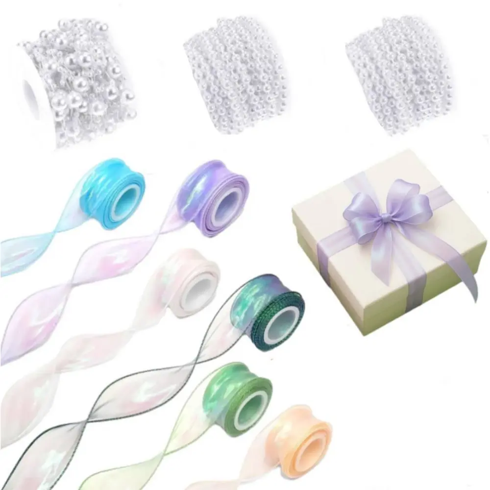 Sheer Organza Ribbon Set with Faux Pearl Garland, 6 Pack Dreamy Iridescent 1.57" Wide Rolls for Wedding Decor, DIY Crafts, Bridal Shower, 1.57Inch Wide, Chiffon, Fantastic Romantic And Elegant Visual Effect, Glitter, Floral, Multiple Colors, Organza Fabri