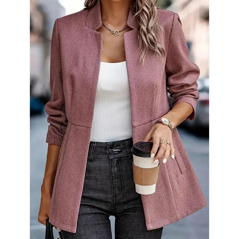 Lady's Herringbone Blazer, Business Casual Work Outerwear with Longsleeves - Thickened, Fully Lined Jacket with Structured Shoulders, Long Sleeve