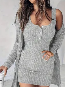 Elegant Textured Ribbed Vest Dress + Outerwear Set, Sexy Slim Fit Solid Color Dress, Daily Street Style, Women's Fashion