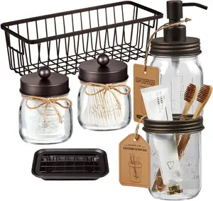 Premium Mason Jar Bathroom Accessories Set (6PCS) - Lotion Soap Dispenser,Toothbrush Holder,2 Apothecary Jars(Qtip Holder),Soap Dish,Metal Wire Storage Organizer Basket-Rustic Farmhouse Decor (Bronze)