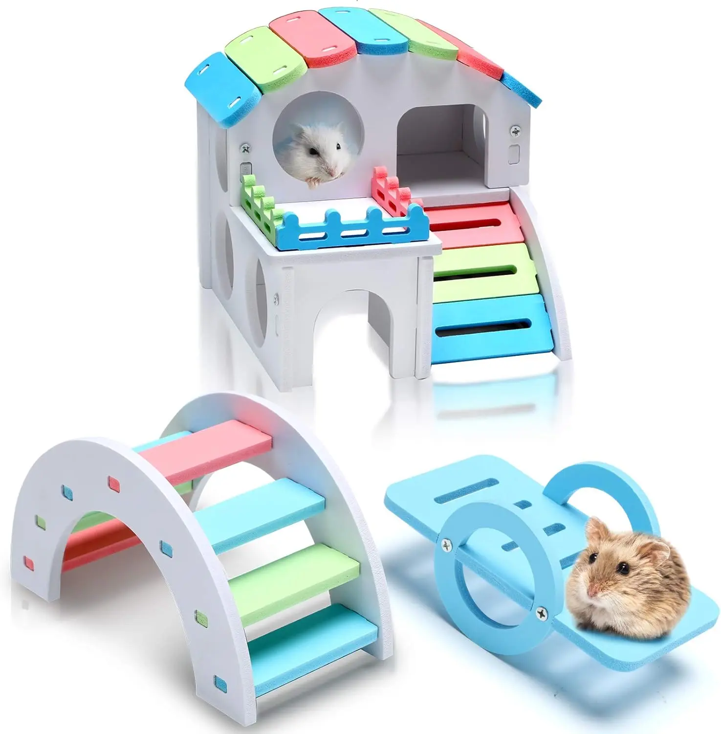 3-Pack Small DIY Rainbow Colors Hideout Kit Set for Hamsters - PVC House, Smooth-Surface Rainbow Bridge, Seesaw Exercise Playhouse for Small Animals