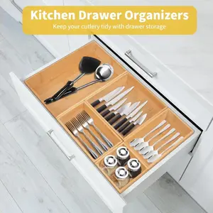 SURUIHK Bamboo Drawer Organizer with 2 Adjustable Wooden Dividers Stackable Makeup Storage Boxes 7 Compartments for Kitchen Utensils Bathroom Office Modern Natural Black White Eco-Friendly Sustainable Material
