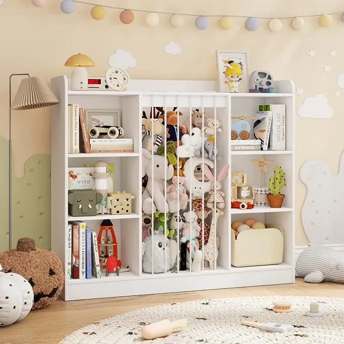 Toy Storage Organizer for Kids, 6 Cubby Toddler Toy Storage Cabinet, Elastic Band Stuffed Animal Holder, Wooden Shelf for Playroom Bedroom Kids Room, Wooden Construction, Back to School Gift