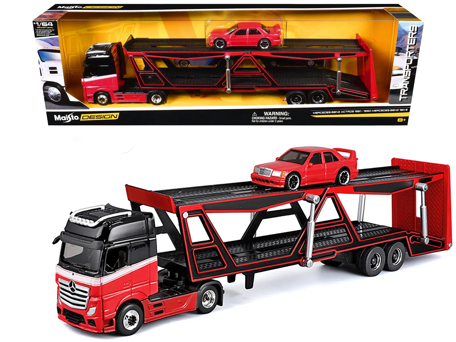 Mercedes-Benz Actros Open Car Hauler Red and Black with White and 1990 Mercedes-Benz 190E Red 1/64 Die Cast Models by Maisto