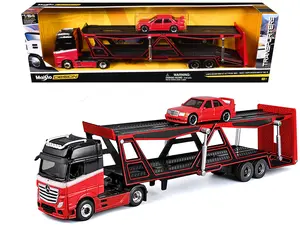 Mercedes-Benz Actros Open Car Hauler Red and Black with White and 1990 Mercedes-Benz 190E Red 1/64 Die Cast Models by Maisto