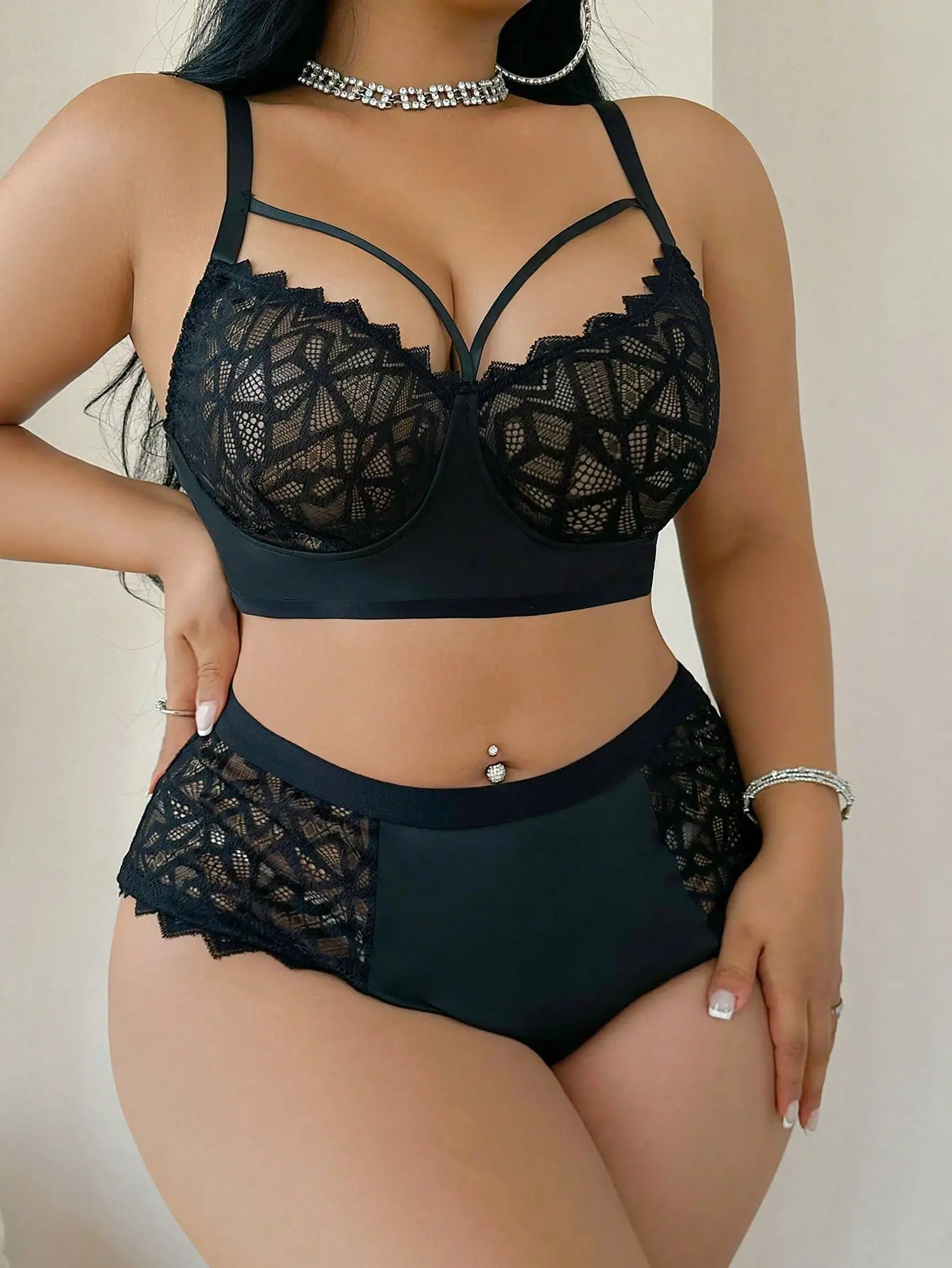 2pcs Plus Size Wireless Lace Bra And Panty Set Lingerie