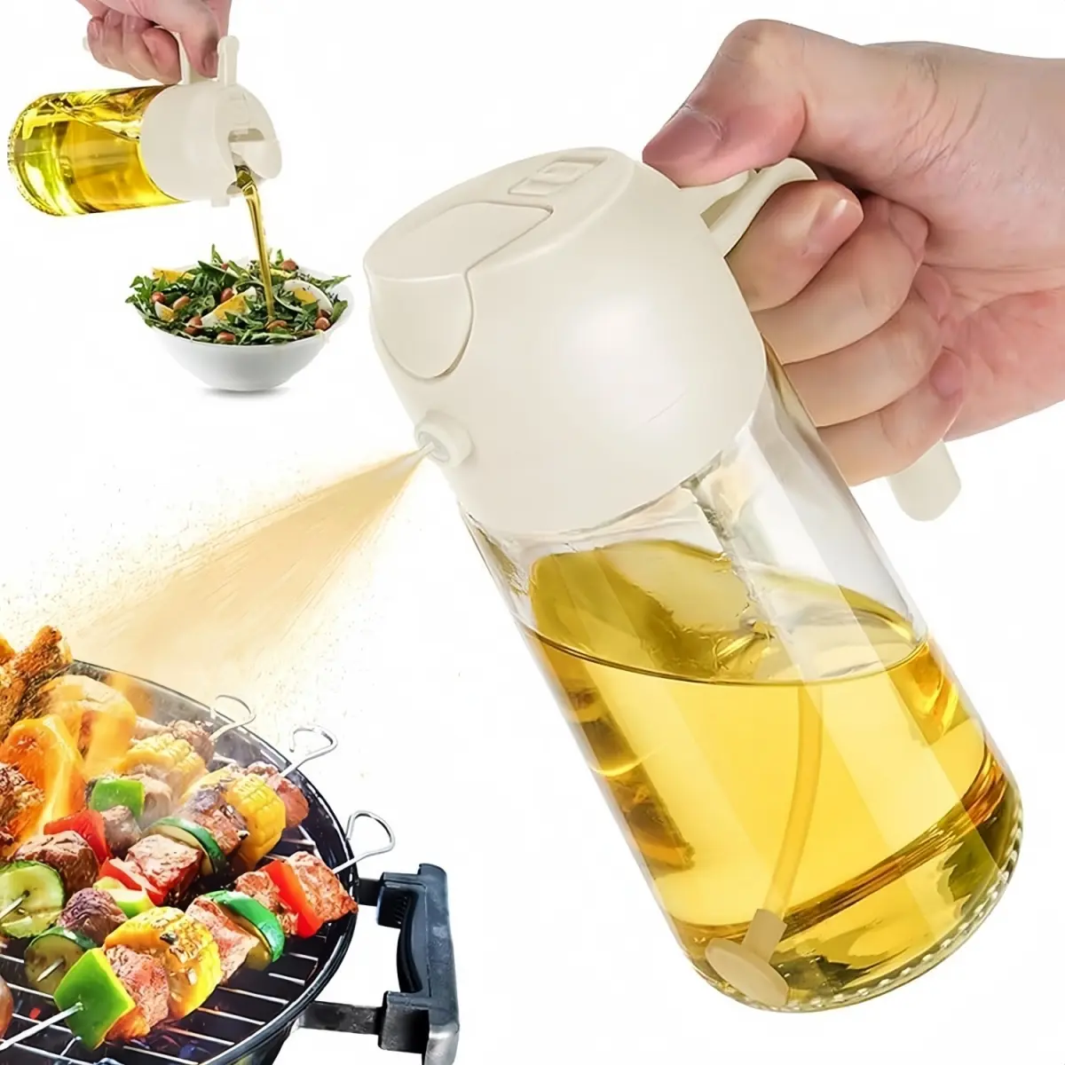 2-in-1 Oil Sprayer & Dispenser with Nozzle, 470ml/16oz Food-Grade Transparent Glass Bottle, Creamy White Kitchen Utensil for Salad Dressing, Air Fryer