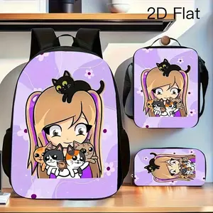 3Pcs Anime Girl with Cats Print Backpack Set Durable 600D Oxford Cloth School Bag Insulated Lunch Box & Pencil Case Combo Adjustable Breathable Strap Large Capacity Fits 15in Laptop for Kids Teens School Travel Outdoor Use