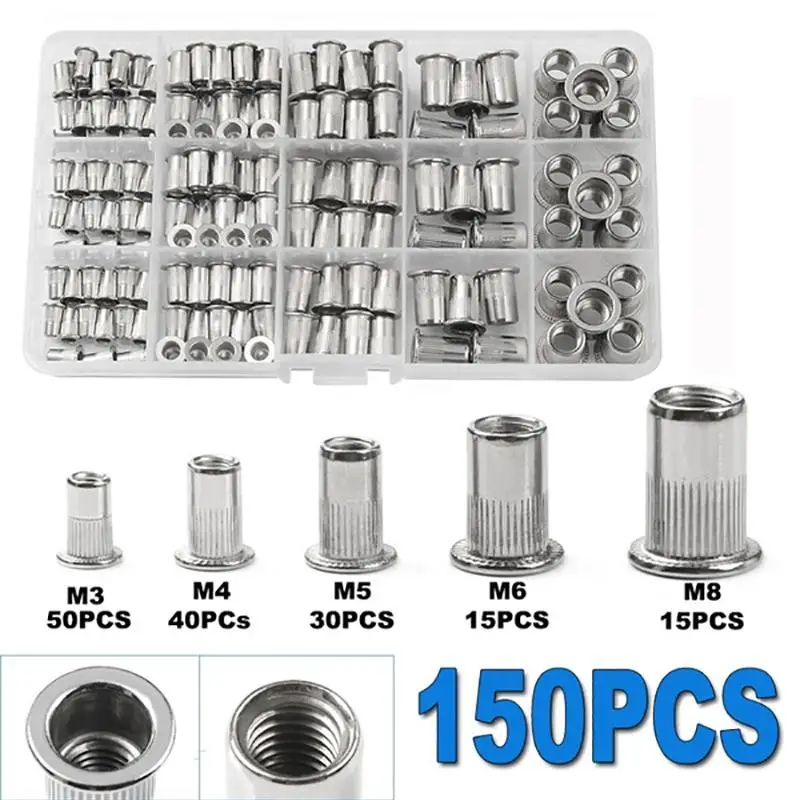 Durable and Sturdy Rivet Nuts (150pcs/set), Aluminum Alloy Threaded Insert Nutsert, Rivnuts for Riveter Riveting Nut-Gun Tools, Hardware, Parts, Indus