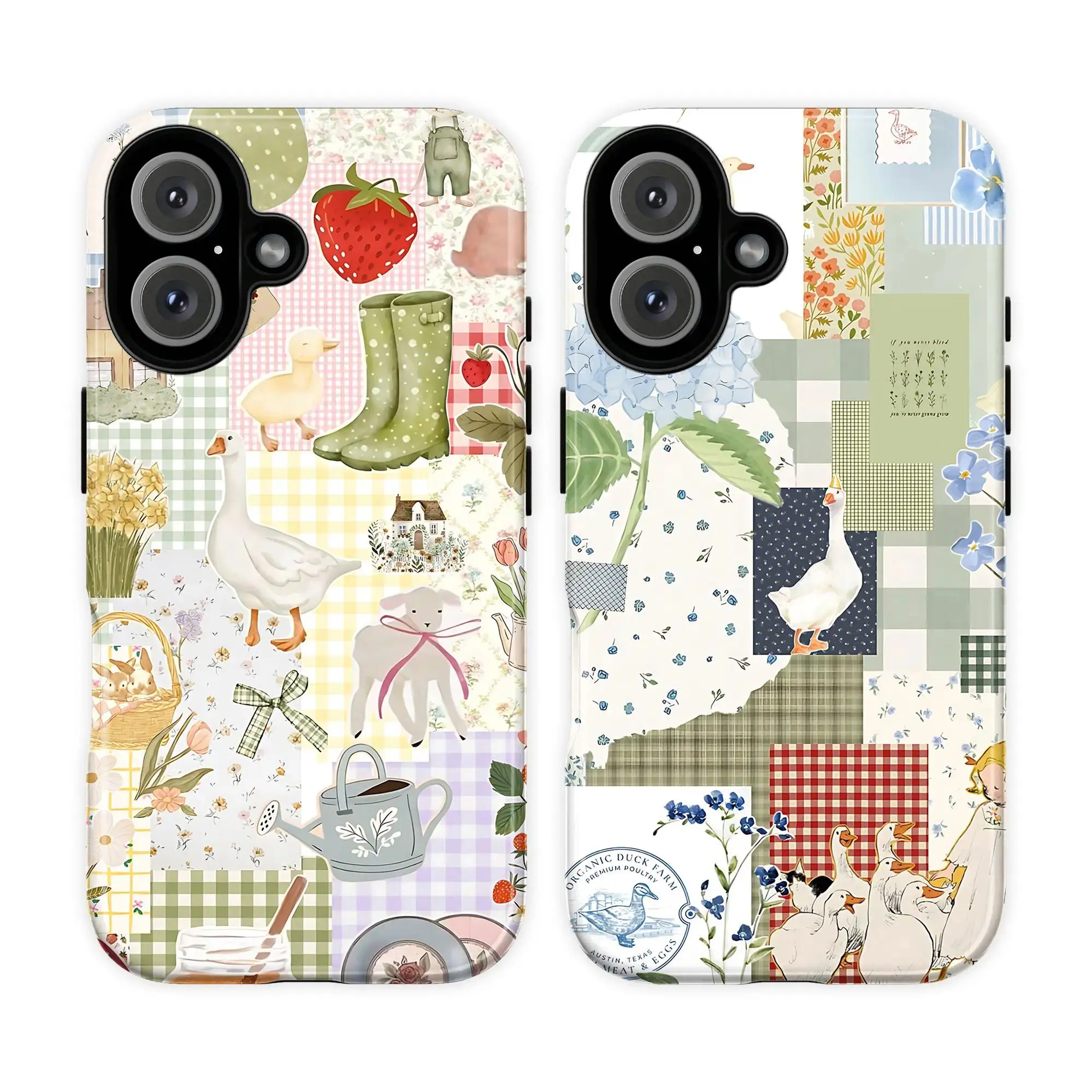 Retro Durable Cottagecore Goose Patchwork Smartphone Case - Elegant, Fashionable, Minimalist Glam Hyperrealism Floral Farmhouse Cover with Full Body Protection, Scratch Resistance, Easy Installation for iPhone 11-17 Pro Max/Plus, Samsung Galaxy S22-25