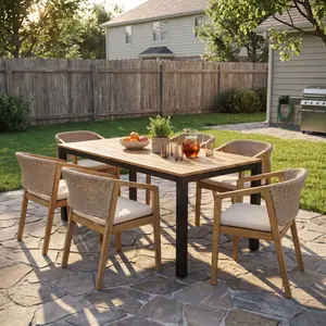 7-Piece Outdoor Dining Set, Acacia Wood Table & 6 Acacia Wood Rope Chairs with Beige Cushions, Patio Dining Furniture