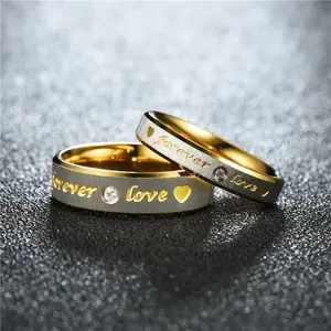 Exquisite Diamond-Encrusted Couple Rings with "Forever" & "Love" Inscription Perfect Gift for Girlfriend Wedding Bands
