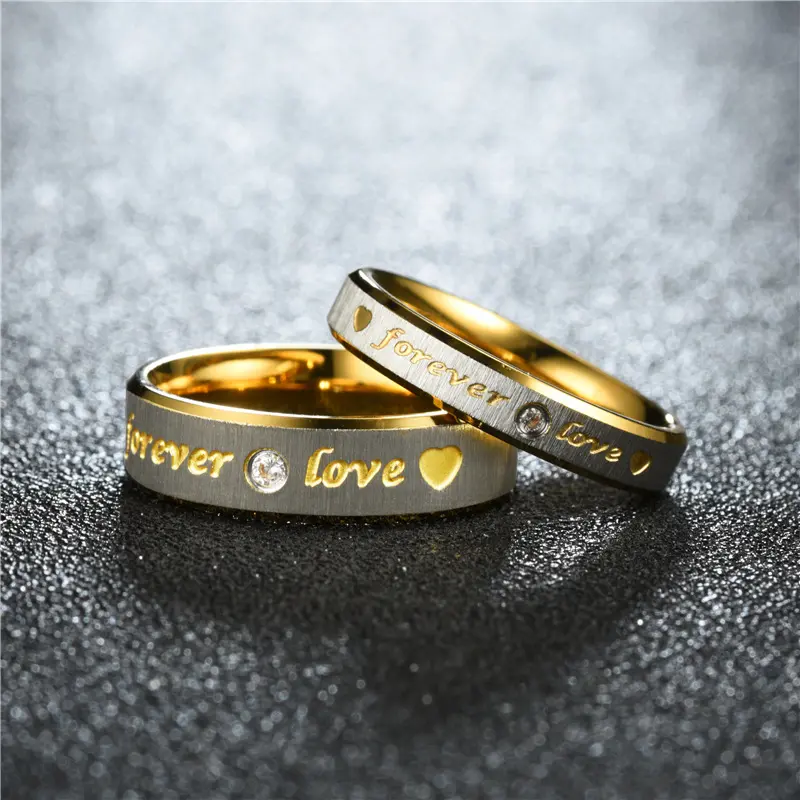 Couple Ring Set, Diamond-Encrusted Beveled Bands with "Forever Love" Engraved Inscription, Romantic Wedding Anniversary Gift for Couples, Engraved Ring