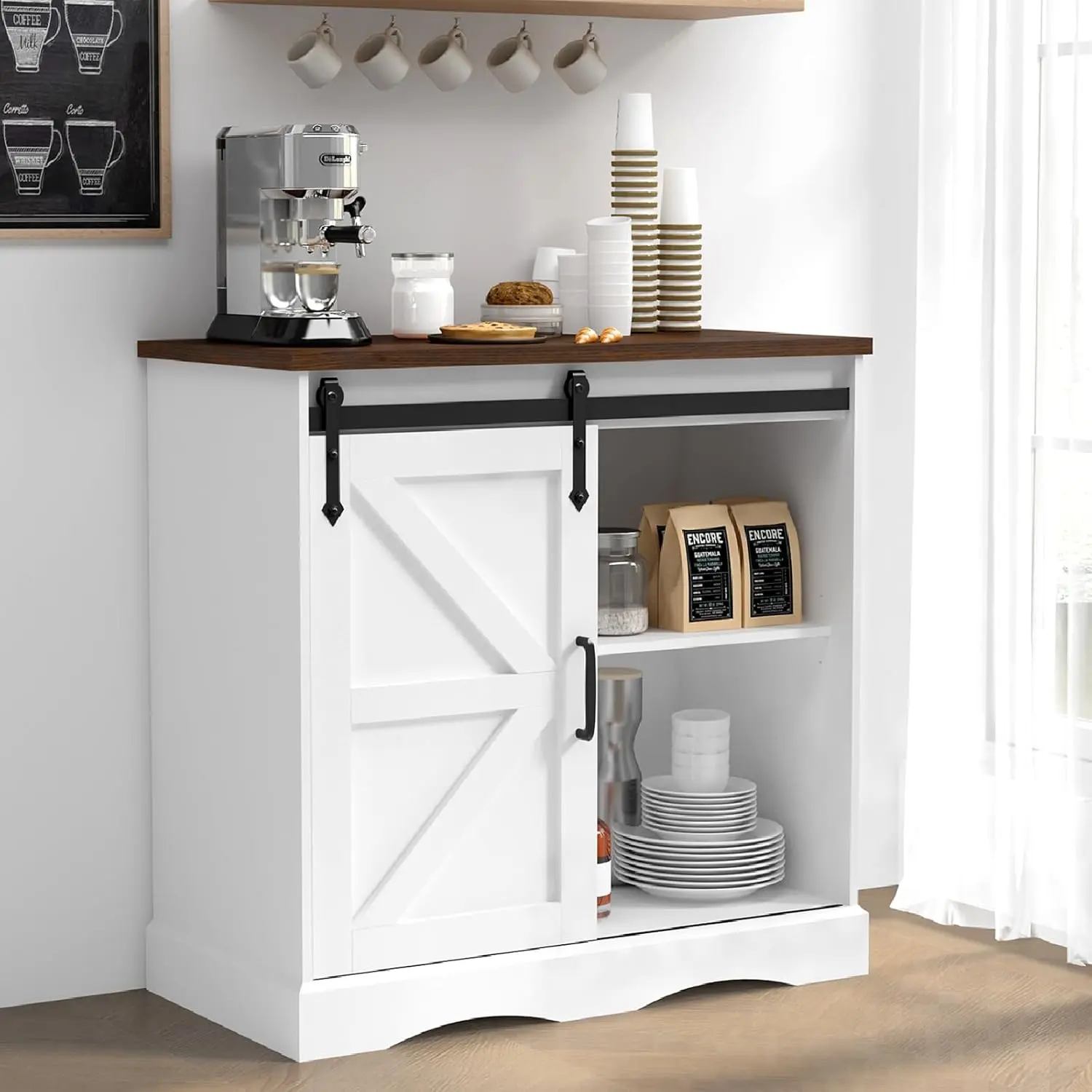 Modern Farmhouse Coffee Bar Station Cupboard - White MDF Wood Entryway Buffet Sideboard with Sliding Barn Door, Adjustable Shelves, Collectibles Storage for Kitchen, Living Room Bar Decor
