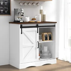 Farmhouse Coffee Bar Cabinet with Sliding Barn Door – White Buffet Sideboard with Adjustable Shelves for Kitchen or Living Room