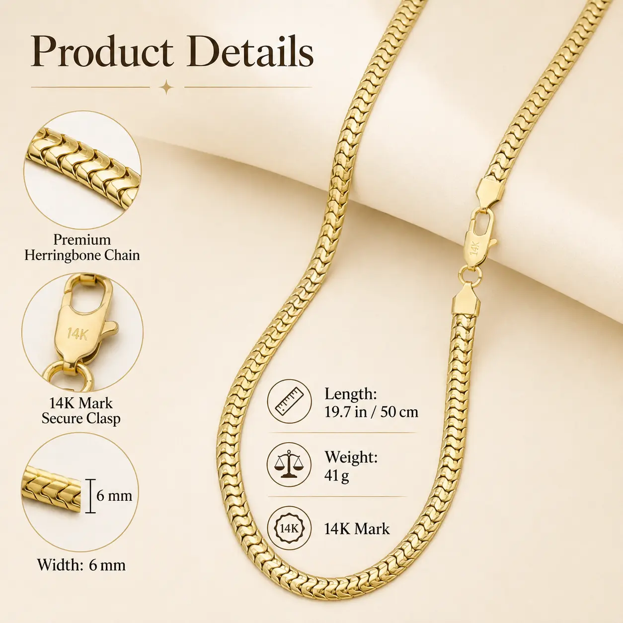 14K Gold Chain Necklace Men, Herringbone Snake Chain Necklace, 6mm Gold Plated Jewelry, Classic Luxury Streetwear Necklace for Women & Men religious