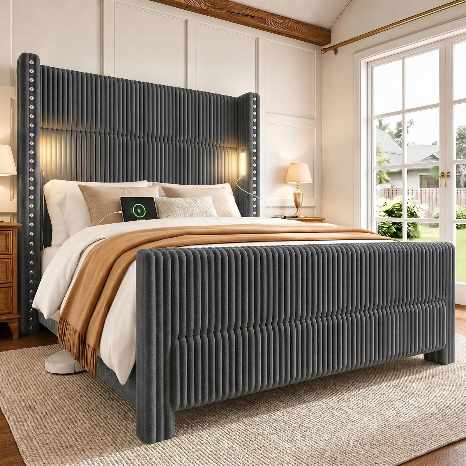 King Bed Frame with 56.7" Tall Wingback Headboard & Reading Lights, Corduroy Upholstered Platform Bed and Charging Station, Modern Luxury Design, Noise Free,Dark Gray,familyfun