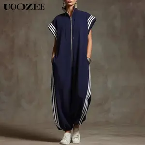 UOOZEE Women's 2026 New Summer Casual Side Stripe 100% Polyester Plus Size Contrast Color Pockets Jumpsuits, Loose Short Sleeves Zipper Stand Collar Ninth Pants One-Piece, 7 Colors Available, Loungewear Streetwear Athletic Jumpsuit for Spring Summer Fall