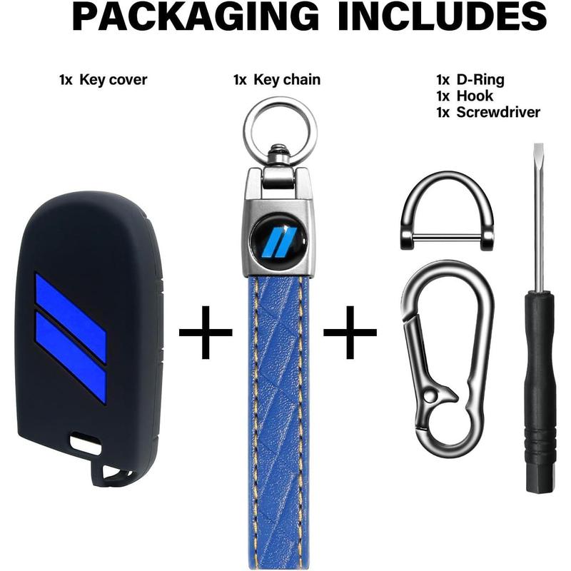 for Dodge Key Fob Cover with Keychain for Dodge Charger Challenger Dart Durango Journey Replacement Remote Control 3 4 5 Buttons Key Fob Shell (Blue Trim, 1 PC)