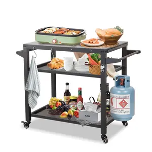 Domi 3-Shelf Outdoor Grill Table, Grill Cart Outdoor with Wheels, Pizza Oven Table and Food Prep Table, Blackstone Table with Propane Tank Hook, Grill Stand for Blackstone Griddle for Outside BBQ