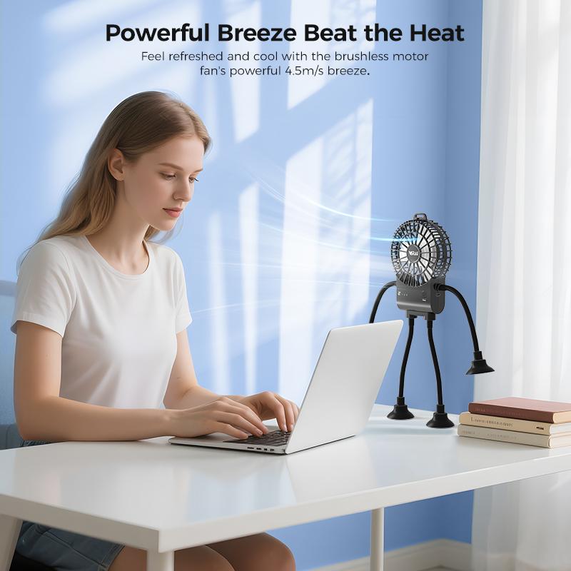 Portable handheld creative fan robot statue, compact portable rechargeable desk fan robot figurine with suction cups and mobile phone holder integrated into one, suitable for offices and cars, black personal fan robot figurine
