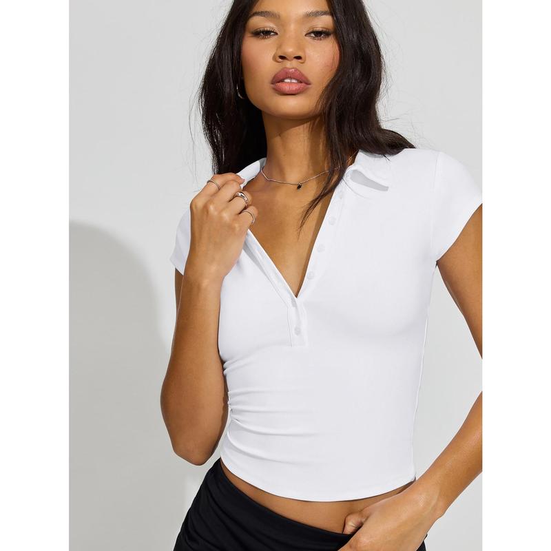 Summer Polo Collar Button Short Sleeve Slim Fit Sports Waist-Cinching Solid Color Versatile Top Short Sleeve
