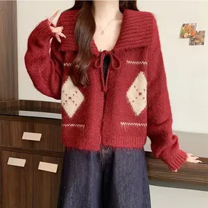 Red Diamond Pattern Christmas Sweater, Loose Fit Cardigan, Slimming Knit Coat for Holiday Knitwear Womenswear