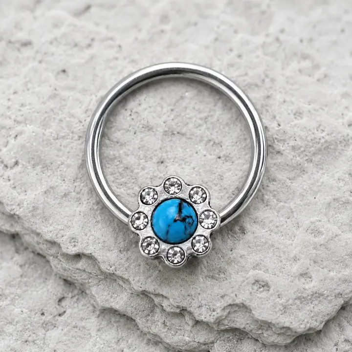 Turquoise Flower Snap-In Captive Bead Ring 16G CBR Septum