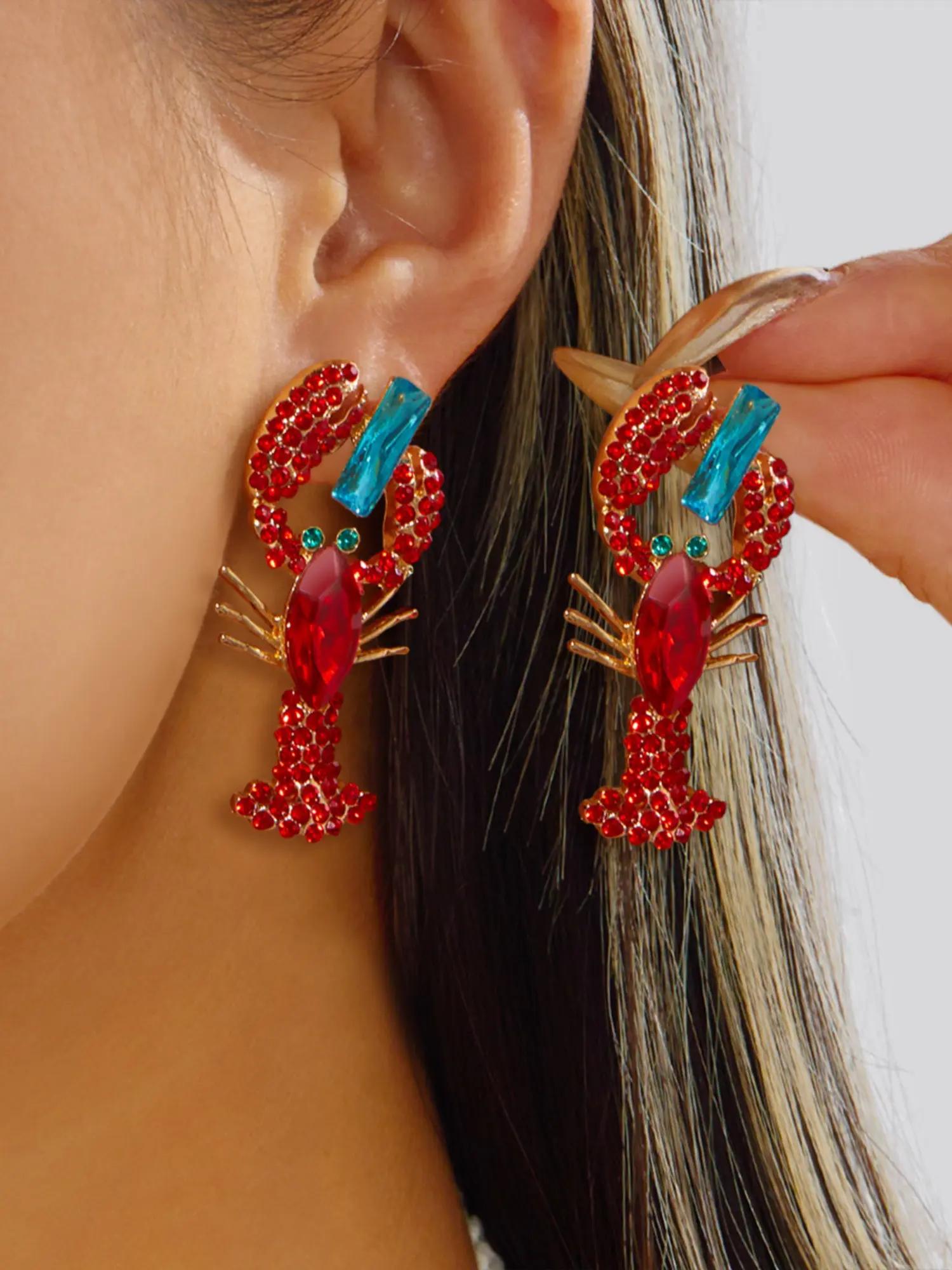 Lobster and Fish Shape Earrings Set, High-Quality Diamond Inlaid, Large Statement Earrings Studs for Women, Casual Fashion Jewelry