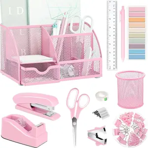 Pink Office Desk Accessories Supplies, 12 count Desk Organizers and Accessories with Tape dispenser and Stapler,Staples,Staple Remover,Pen Holder,Scissor,Ruler,Sticky Tabs,Tape,Ballpoint Pen,Clips Set