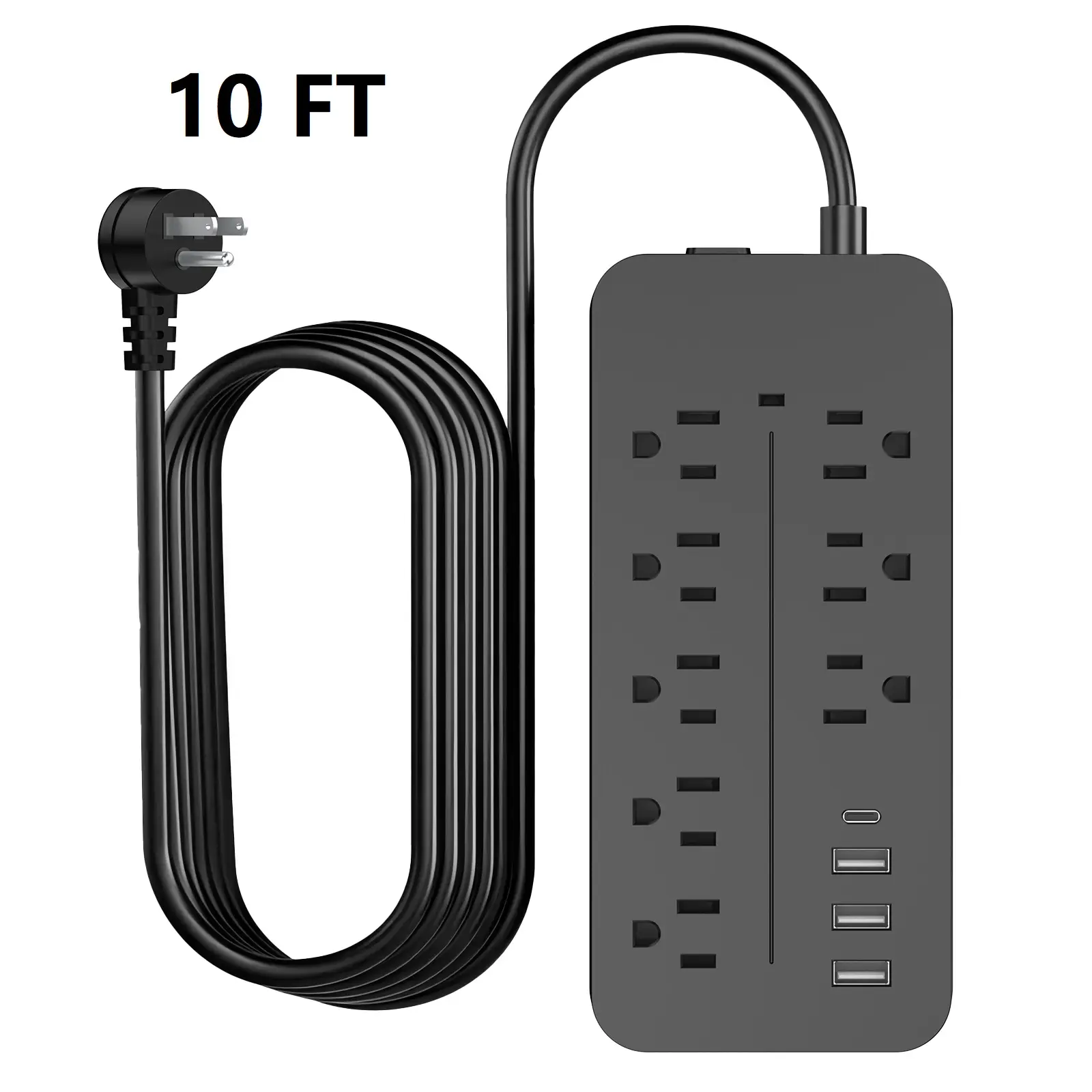 10 FT Extension Cord , Surge Protector Power Strip with 8 Widely Outlets 4 USB Ports, Flat Plug, Wall Mount Outlet Extender, Multiple Outlets for Indoor Home Office, Dorm Room Essentials