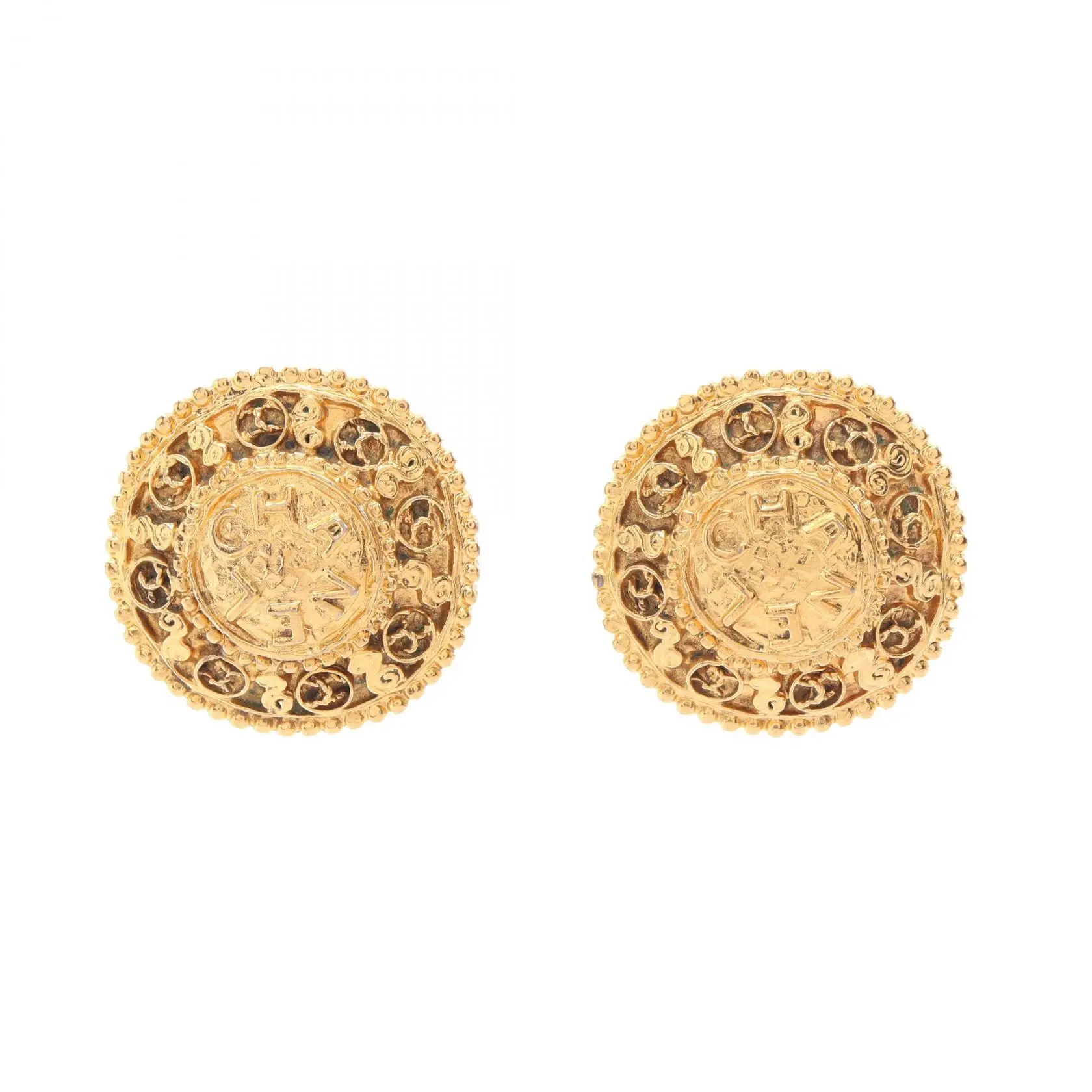 Pre-owned CHANEL Gold-plated Small Leather Goods Coco Mark Round Earrings