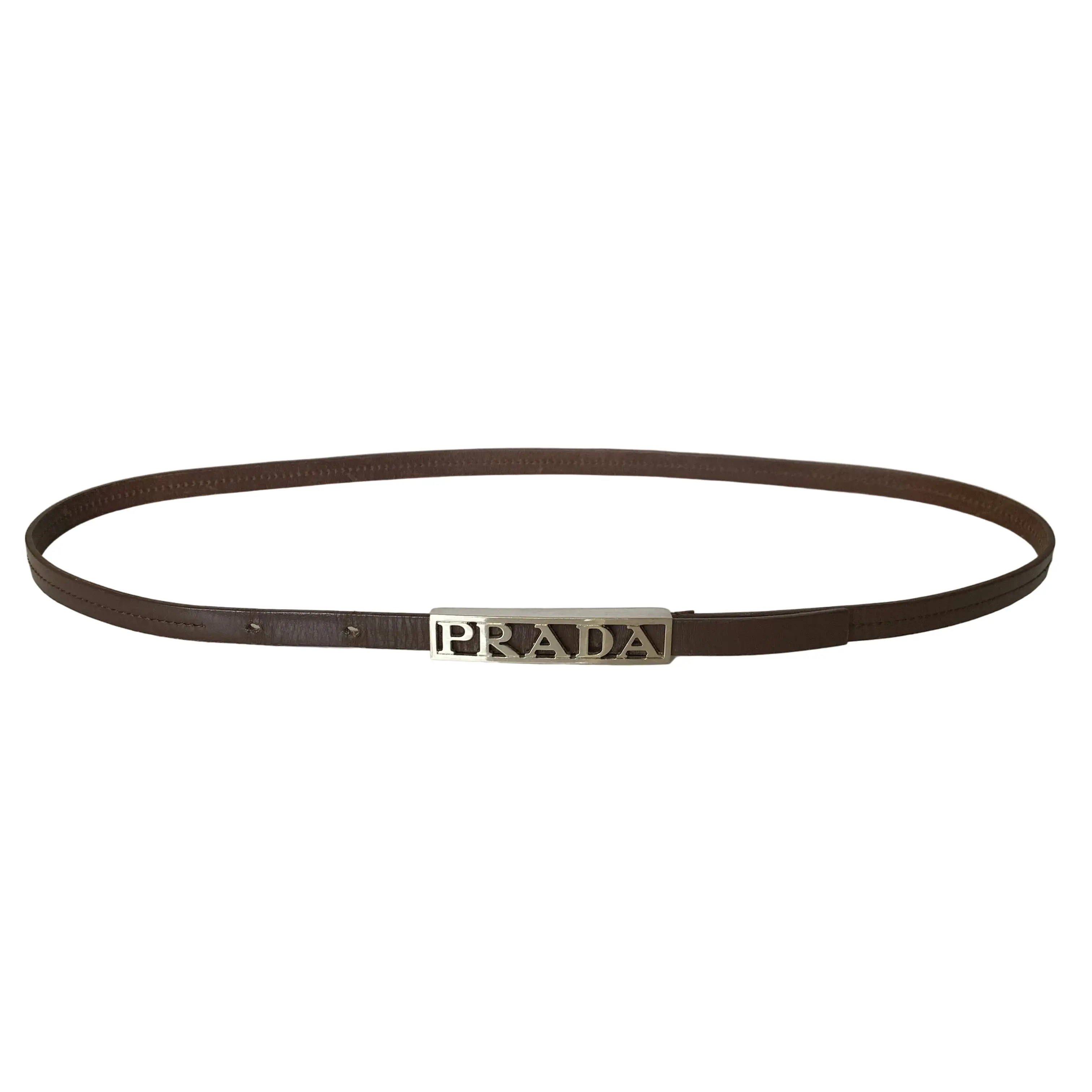 Pre-owned FINAL SALE NO RETURN NO CANCEL Prada silver logo brown leather belt Authentic with COA size 34 inch 85 cm