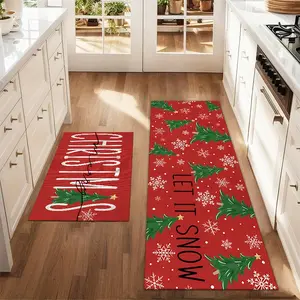 2Pcs Christmas And New Year Printed Kitchen Rug Christmas Tree Snowflake Let It Snow Mat Set Farmhouse Kitchen Carpet Restaurant Floor Laundry Room Decoration Carpet Mat Kitchen Area Rug