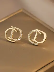 Vintage Rhinestone CD Earrings, S925 Silver Needle Copper Plated, High-End Simple Ear Studs for Women, Retro Letter Design, Stud Earring Jewelry