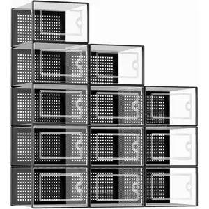 Kuject X-Large Shoe Storage Boxes Organizers Clear Plastic Stackable 12 Pack, Shoe Rack & Holder Substitute, Sneaker Containers, Toy Storage Organizer Bins for Entryway, Closet, Under Bed, Black