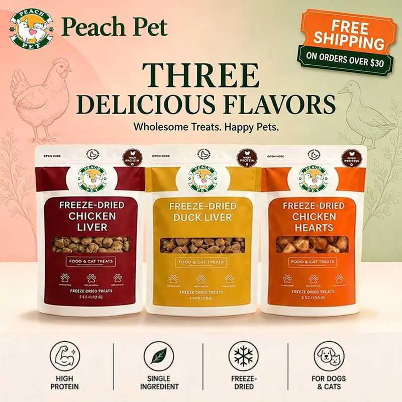 Peach Pet Freeze-Dried Treats for Dogs & Cats | Chicken Hearts, Chicken Liver & Duck Liver | 3.5 oz Each