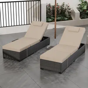 Adjustable 5-Position Reclining Backrest – Outdoor PE Wicker Chaise Loungers, Set of 2 – Detachable Tabletop & Cushions – Relaxing Patio Pool Lounger – Great for Sunbathing, Backyard Furniture